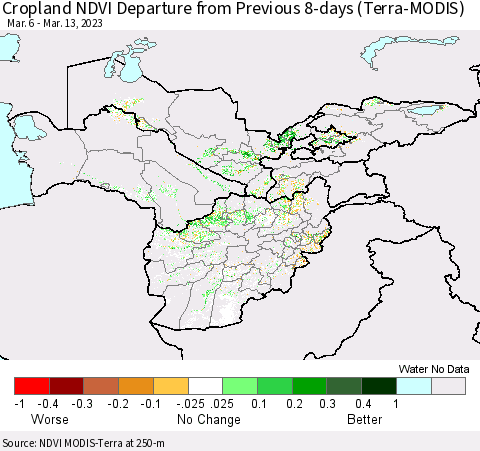 Central Asia Cropland NDVI Departure from Previous 8-days (Terra-MODIS) Thematic Map For 3/6/2023 - 3/13/2023