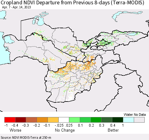 Central Asia Cropland NDVI Departure from Previous 8-days (Terra-MODIS) Thematic Map For 4/7/2023 - 4/14/2023