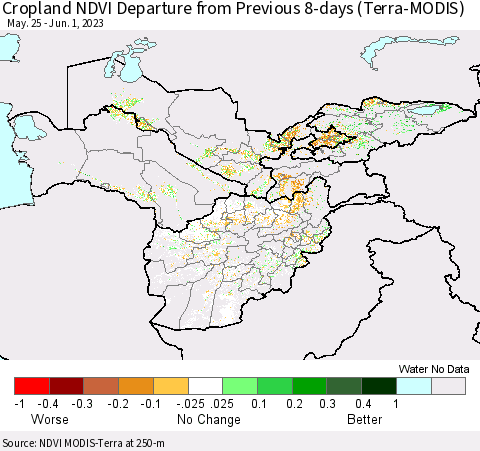 Central Asia Cropland NDVI Departure from Previous 8-days (Terra-MODIS) Thematic Map For 5/25/2023 - 6/1/2023