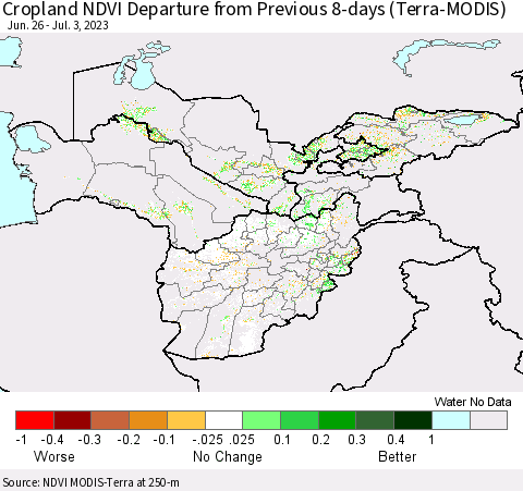 Central Asia Cropland NDVI Departure from Previous 8-days (Terra-MODIS) Thematic Map For 6/26/2023 - 7/3/2023