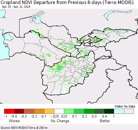 Central Asia Cropland NDVI Departure from Previous 8-days (Terra-MODIS) Thematic Map For 4/14/2024 - 4/21/2024