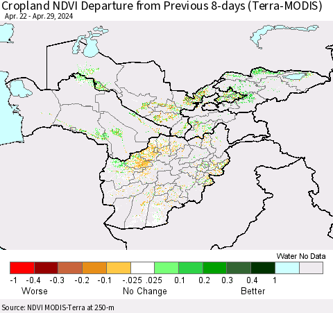 Central Asia Cropland NDVI Departure from Previous 8-days (Terra-MODIS) Thematic Map For 4/22/2024 - 4/29/2024