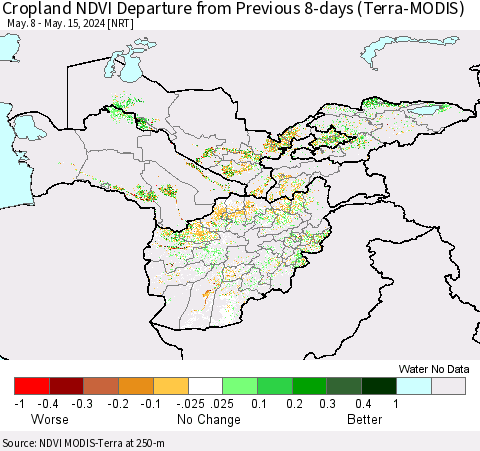 Central Asia Cropland NDVI Departure from Previous 8-days (Terra-MODIS) Thematic Map For 5/8/2024 - 5/15/2024
