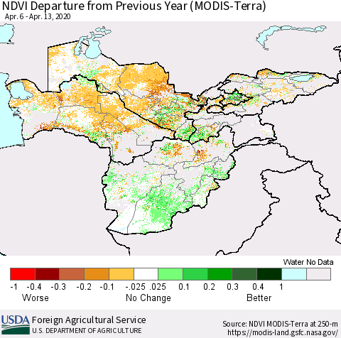 Central Asia NDVI Departure from Previous Year (Terra-MODIS) Thematic Map For 4/11/2020 - 4/20/2020