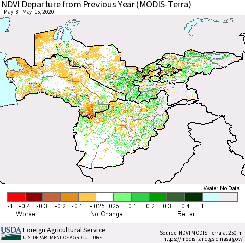 Central Asia NDVI Departure from Previous Year (Terra-MODIS) Thematic Map For 5/11/2020 - 5/20/2020