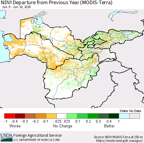 Central Asia NDVI Departure from Previous Year (Terra-MODIS) Thematic Map For 6/11/2020 - 6/20/2020
