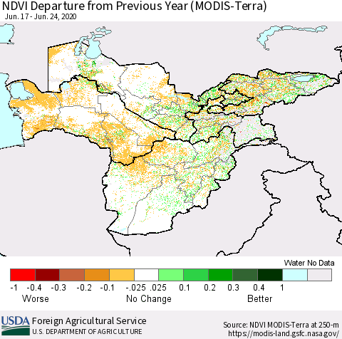 Central Asia NDVI Departure from Previous Year (Terra-MODIS) Thematic Map For 6/21/2020 - 6/30/2020