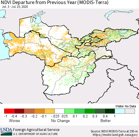 Central Asia NDVI Departure from Previous Year (Terra-MODIS) Thematic Map For 7/1/2020 - 7/10/2020