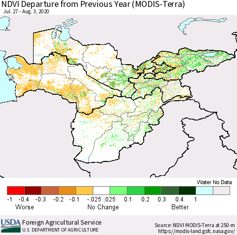 Central Asia NDVI Departure from Previous Year (Terra-MODIS) Thematic Map For 8/1/2020 - 8/10/2020
