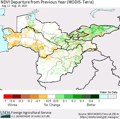Central Asia NDVI Departure from Previous Year (Terra-MODIS) Thematic Map For 8/11/2020 - 8/20/2020