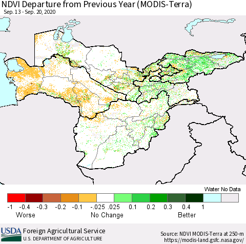 Central Asia NDVI Departure from Previous Year (Terra-MODIS) Thematic Map For 9/11/2020 - 9/20/2020