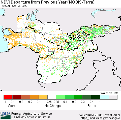 Central Asia NDVI Departure from Previous Year (Terra-MODIS) Thematic Map For 9/21/2020 - 9/30/2020