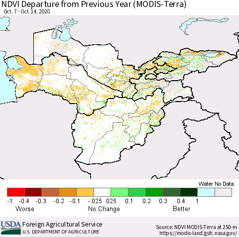 Central Asia NDVI Departure from Previous Year (Terra-MODIS) Thematic Map For 10/11/2020 - 10/20/2020
