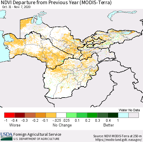 Central Asia NDVI Departure from Previous Year (Terra-MODIS) Thematic Map For 11/1/2020 - 11/10/2020
