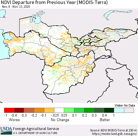 Central Asia NDVI Departure from Previous Year (Terra-MODIS) Thematic Map For 11/11/2020 - 11/20/2020
