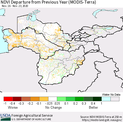 Central Asia NDVI Departure from Previous Year (Terra-MODIS) Thematic Map For 11/21/2020 - 11/30/2020