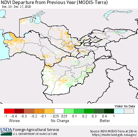 Central Asia NDVI Departure from Previous Year (Terra-MODIS) Thematic Map For 12/11/2020 - 12/20/2020