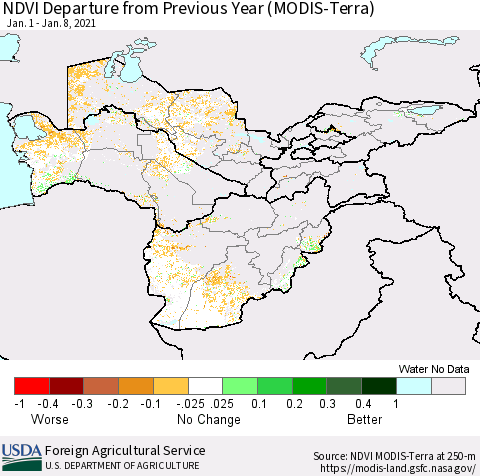 Central Asia NDVI Departure from Previous Year (Terra-MODIS) Thematic Map For 1/1/2021 - 1/10/2021