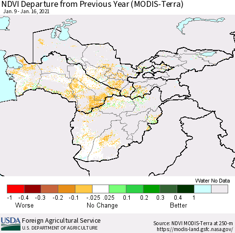 Central Asia NDVI Departure from Previous Year (Terra-MODIS) Thematic Map For 1/11/2021 - 1/20/2021