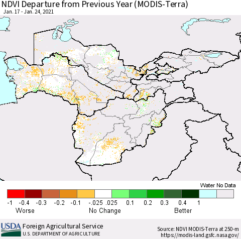 Central Asia NDVI Departure from Previous Year (Terra-MODIS) Thematic Map For 1/21/2021 - 1/31/2021