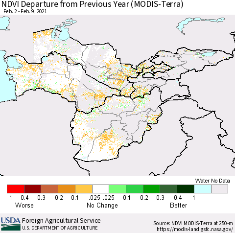 Central Asia NDVI Departure from Previous Year (Terra-MODIS) Thematic Map For 2/1/2021 - 2/10/2021