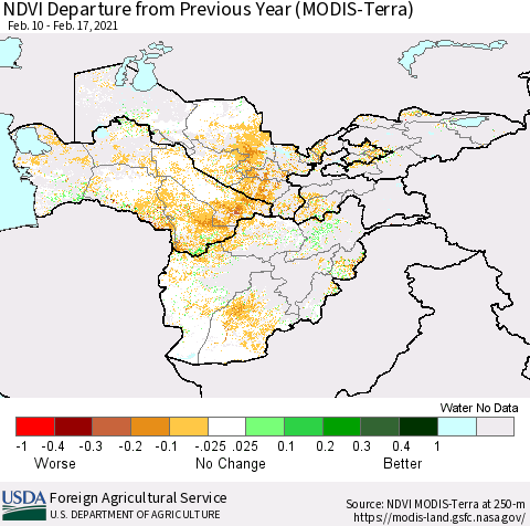Central Asia NDVI Departure from Previous Year (Terra-MODIS) Thematic Map For 2/11/2021 - 2/20/2021