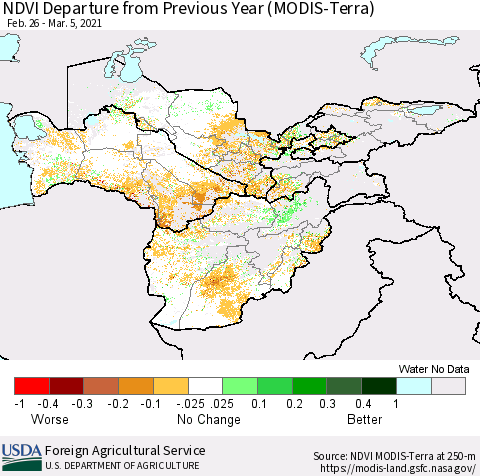 Central Asia NDVI Departure from Previous Year (Terra-MODIS) Thematic Map For 3/1/2021 - 3/10/2021
