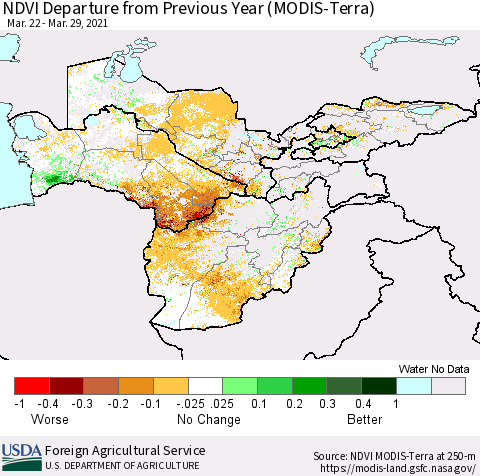 Central Asia NDVI Departure from Previous Year (Terra-MODIS) Thematic Map For 3/21/2021 - 3/31/2021