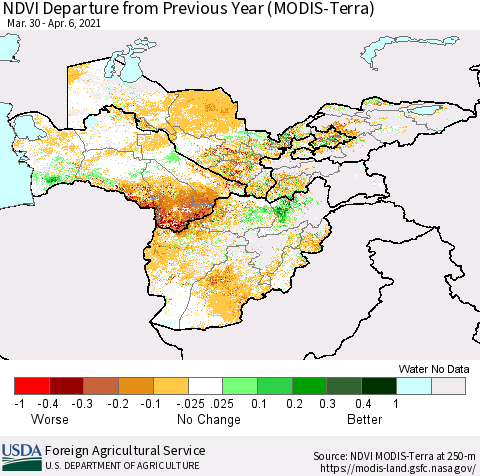 Central Asia NDVI Departure from Previous Year (Terra-MODIS) Thematic Map For 4/1/2021 - 4/10/2021