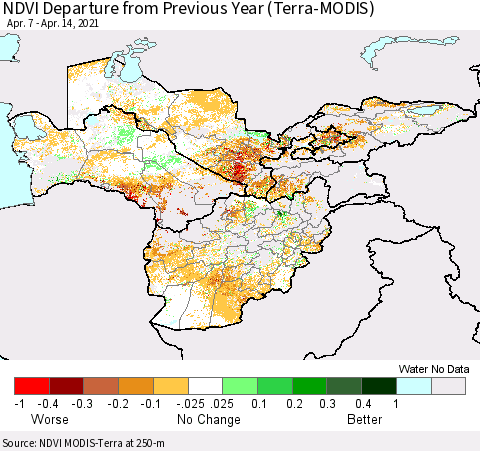 Central Asia NDVI Departure from Previous Year (Terra-MODIS) Thematic Map For 4/7/2021 - 4/14/2021