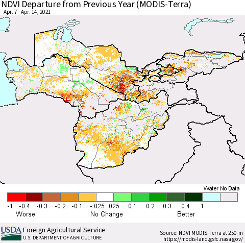 Central Asia NDVI Departure from Previous Year (Terra-MODIS) Thematic Map For 4/11/2021 - 4/20/2021
