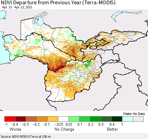 Central Asia NDVI Departure from Previous Year (Terra-MODIS) Thematic Map For 4/15/2021 - 4/22/2021