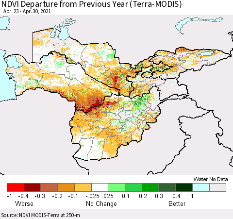 Central Asia NDVI Departure from Previous Year (Terra-MODIS) Thematic Map For 4/21/2021 - 4/30/2021