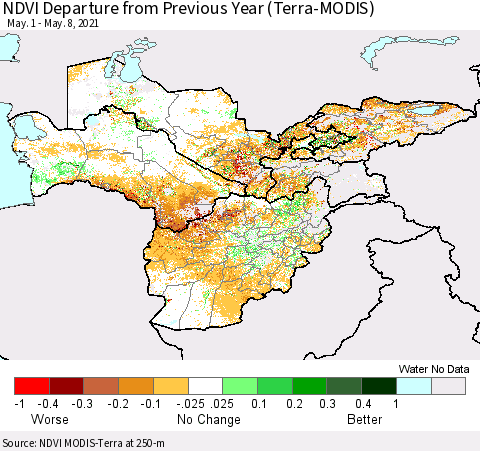 Central Asia NDVI Departure from Previous Year (Terra-MODIS) Thematic Map For 5/1/2021 - 5/8/2021