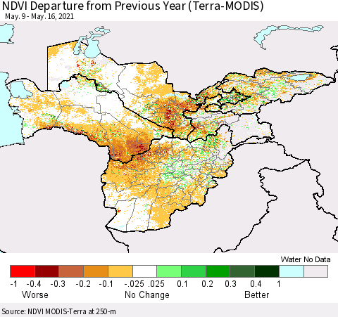Central Asia NDVI Departure from Previous Year (Terra-MODIS) Thematic Map For 5/9/2021 - 5/16/2021