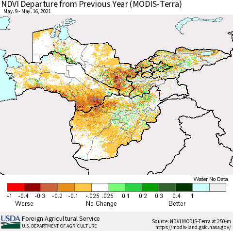 Central Asia NDVI Departure from Previous Year (Terra-MODIS) Thematic Map For 5/11/2021 - 5/20/2021