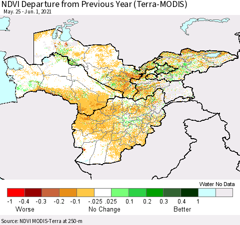 Central Asia NDVI Departure from Previous Year (Terra-MODIS) Thematic Map For 5/25/2021 - 6/1/2021