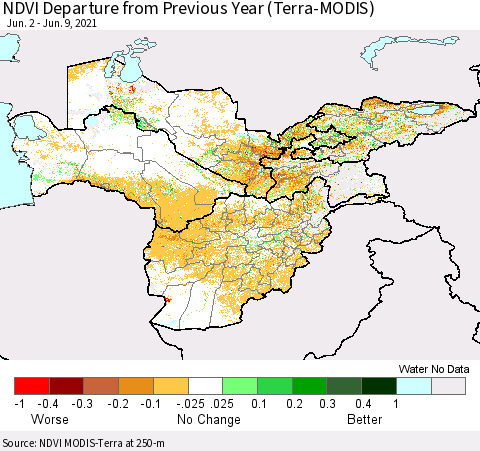 Central Asia NDVI Departure from Previous Year (Terra-MODIS) Thematic Map For 6/2/2021 - 6/9/2021