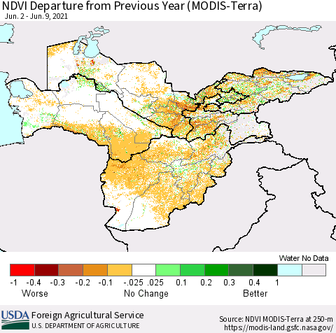 Central Asia NDVI Departure from Previous Year (Terra-MODIS) Thematic Map For 6/1/2021 - 6/10/2021