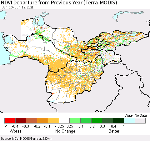 Central Asia NDVI Departure from Previous Year (Terra-MODIS) Thematic Map For 6/10/2021 - 6/17/2021