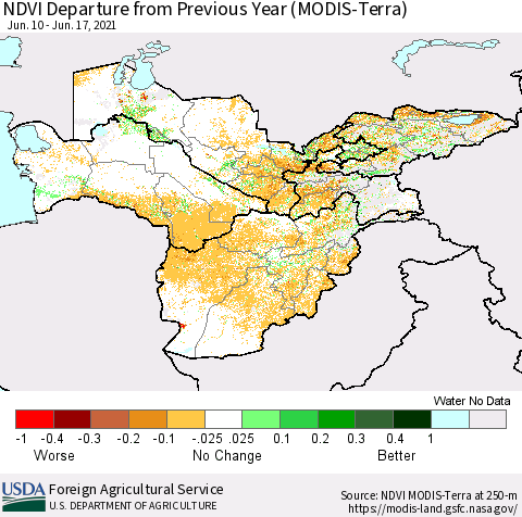Central Asia NDVI Departure from Previous Year (Terra-MODIS) Thematic Map For 6/11/2021 - 6/20/2021