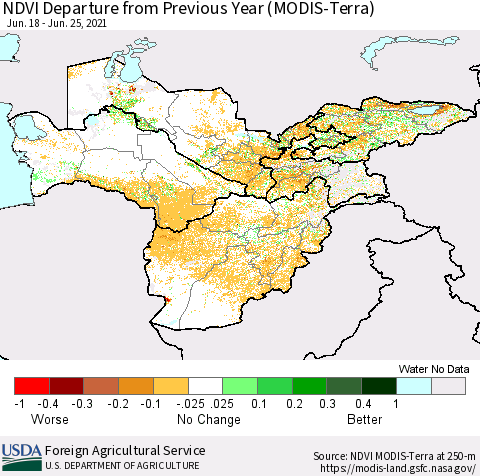 Central Asia NDVI Departure from Previous Year (Terra-MODIS) Thematic Map For 6/21/2021 - 6/30/2021