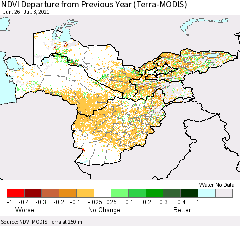 Central Asia NDVI Departure from Previous Year (Terra-MODIS) Thematic Map For 6/26/2021 - 7/3/2021