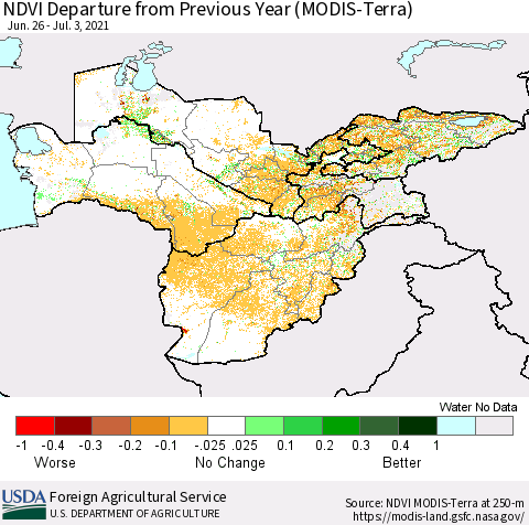 Central Asia NDVI Departure from Previous Year (Terra-MODIS) Thematic Map For 7/1/2021 - 7/10/2021