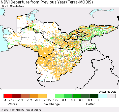 Central Asia NDVI Departure from Previous Year (Terra-MODIS) Thematic Map For 7/4/2021 - 7/11/2021