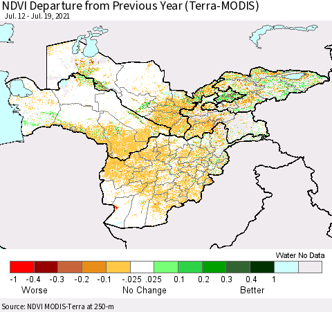 Central Asia NDVI Departure from Previous Year (Terra-MODIS) Thematic Map For 7/12/2021 - 7/19/2021