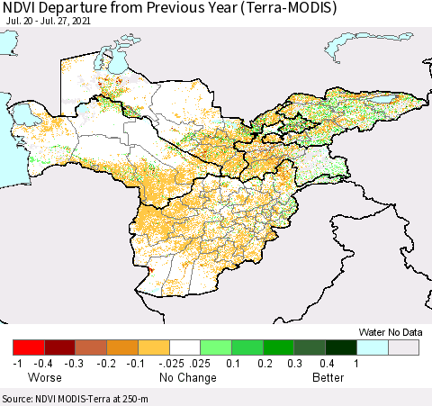 Central Asia NDVI Departure from Previous Year (Terra-MODIS) Thematic Map For 7/20/2021 - 7/27/2021