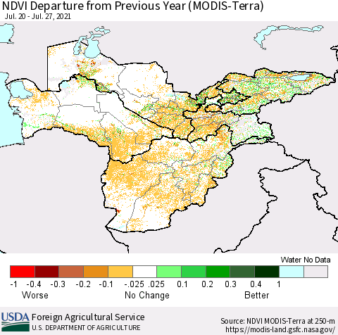 Central Asia NDVI Departure from Previous Year (Terra-MODIS) Thematic Map For 7/21/2021 - 7/31/2021