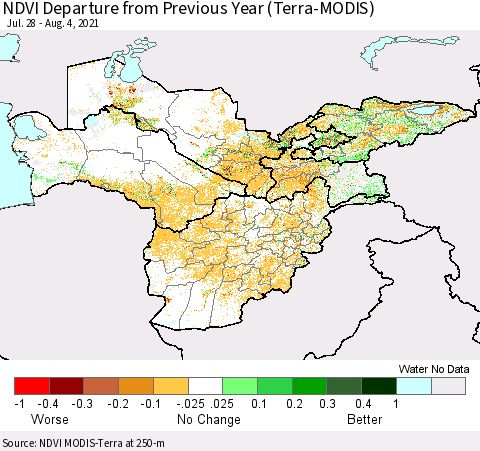 Central Asia NDVI Departure from Previous Year (Terra-MODIS) Thematic Map For 7/28/2021 - 8/4/2021