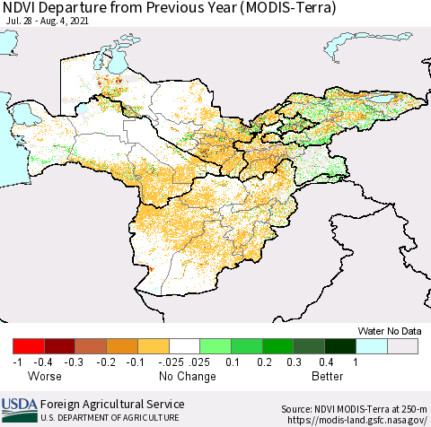 Central Asia NDVI Departure from Previous Year (Terra-MODIS) Thematic Map For 8/1/2021 - 8/10/2021